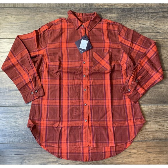 Women’s Ava & Viv Plaid Long Sleeve Collared Button-Down top red plaid X, 1020 - Picture 3 of 10
